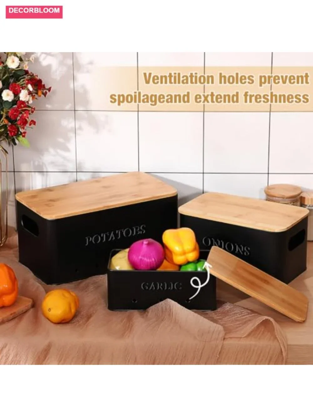 Metal Vegetable Storage Bins with Bamboo Handles Set of 3 Potato Onion Garlic